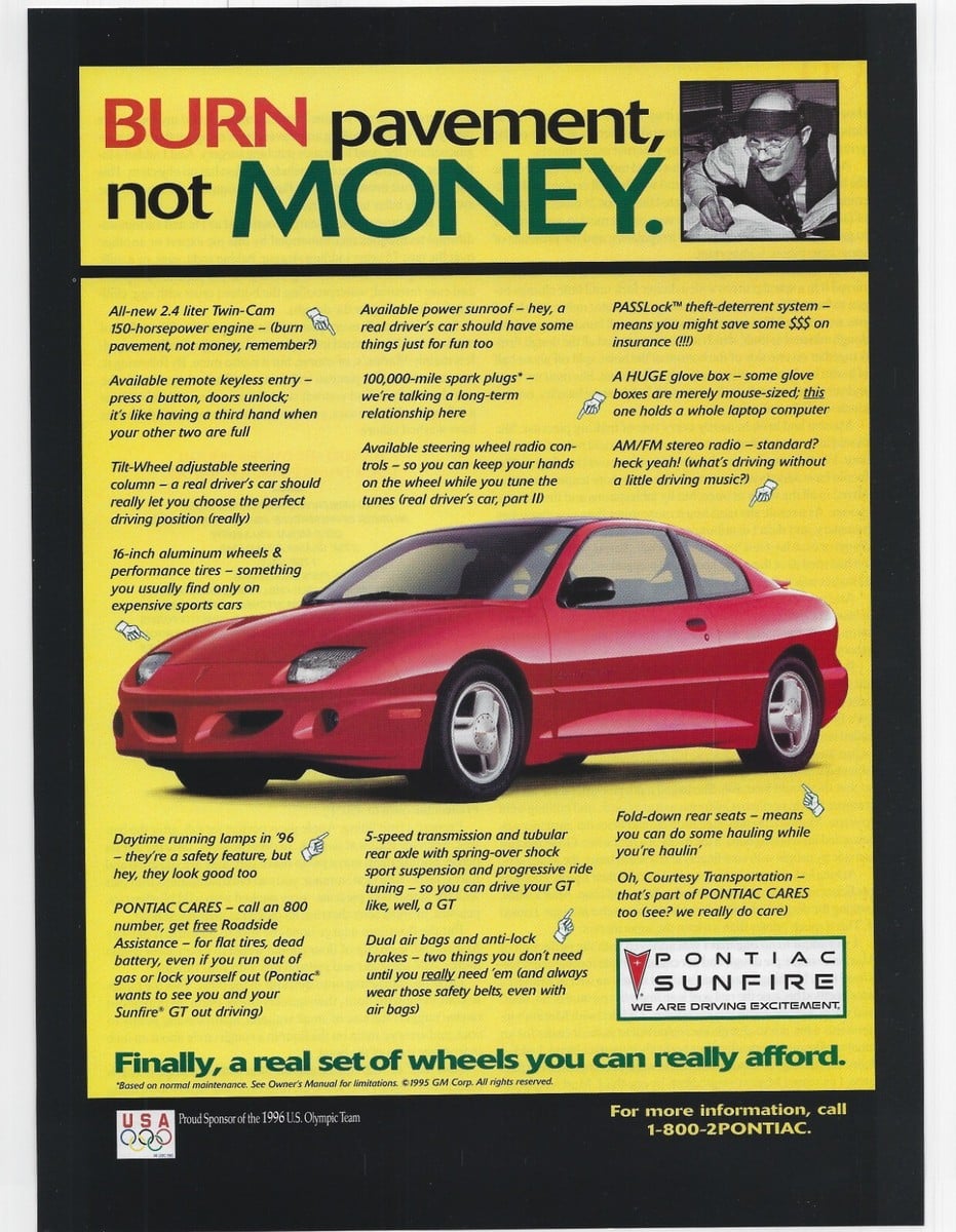 1995 Pontiac Sunfire Print Ad Burn Pavement Not Money