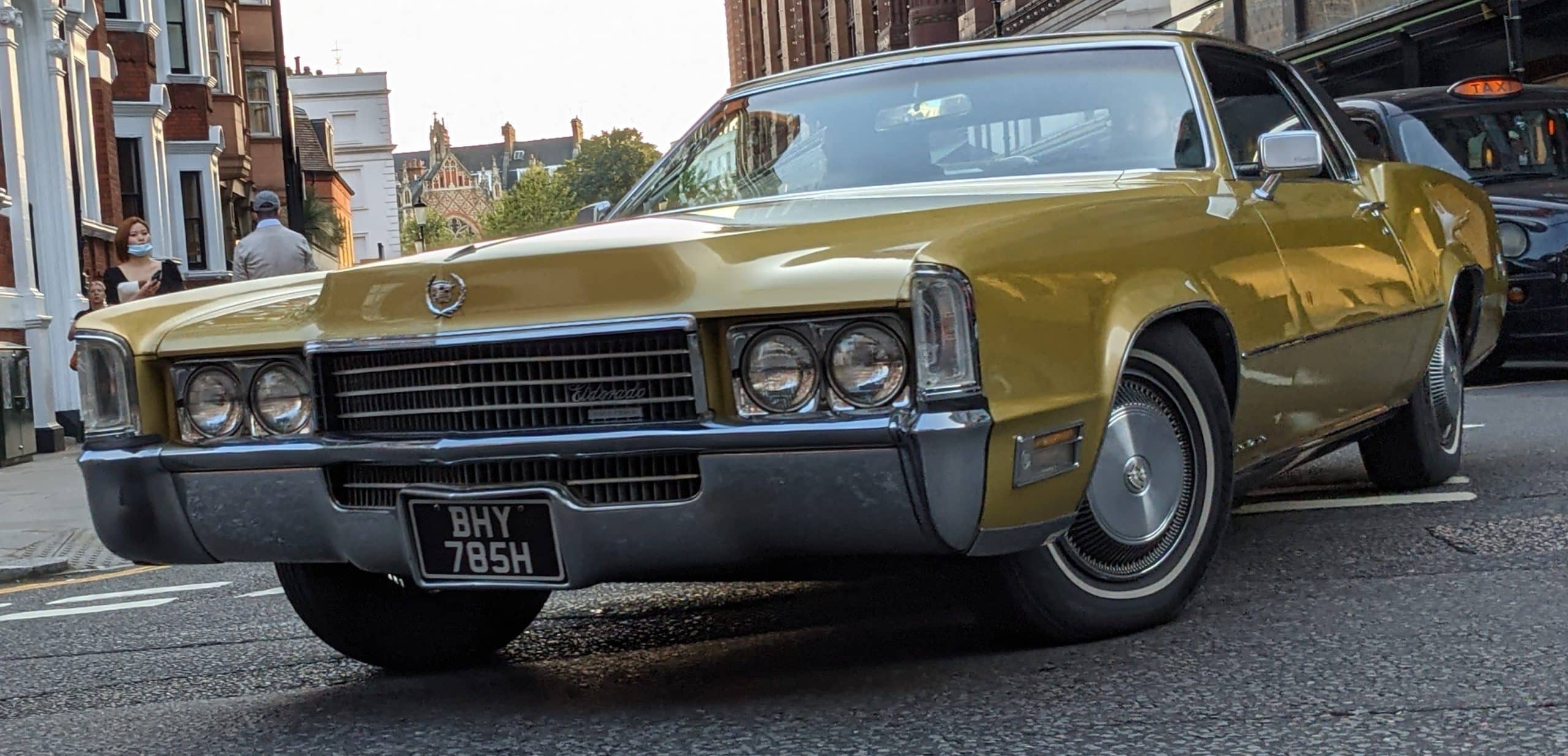 White 1970 Cadillac Eldorado viewed from the side at an outdoor event