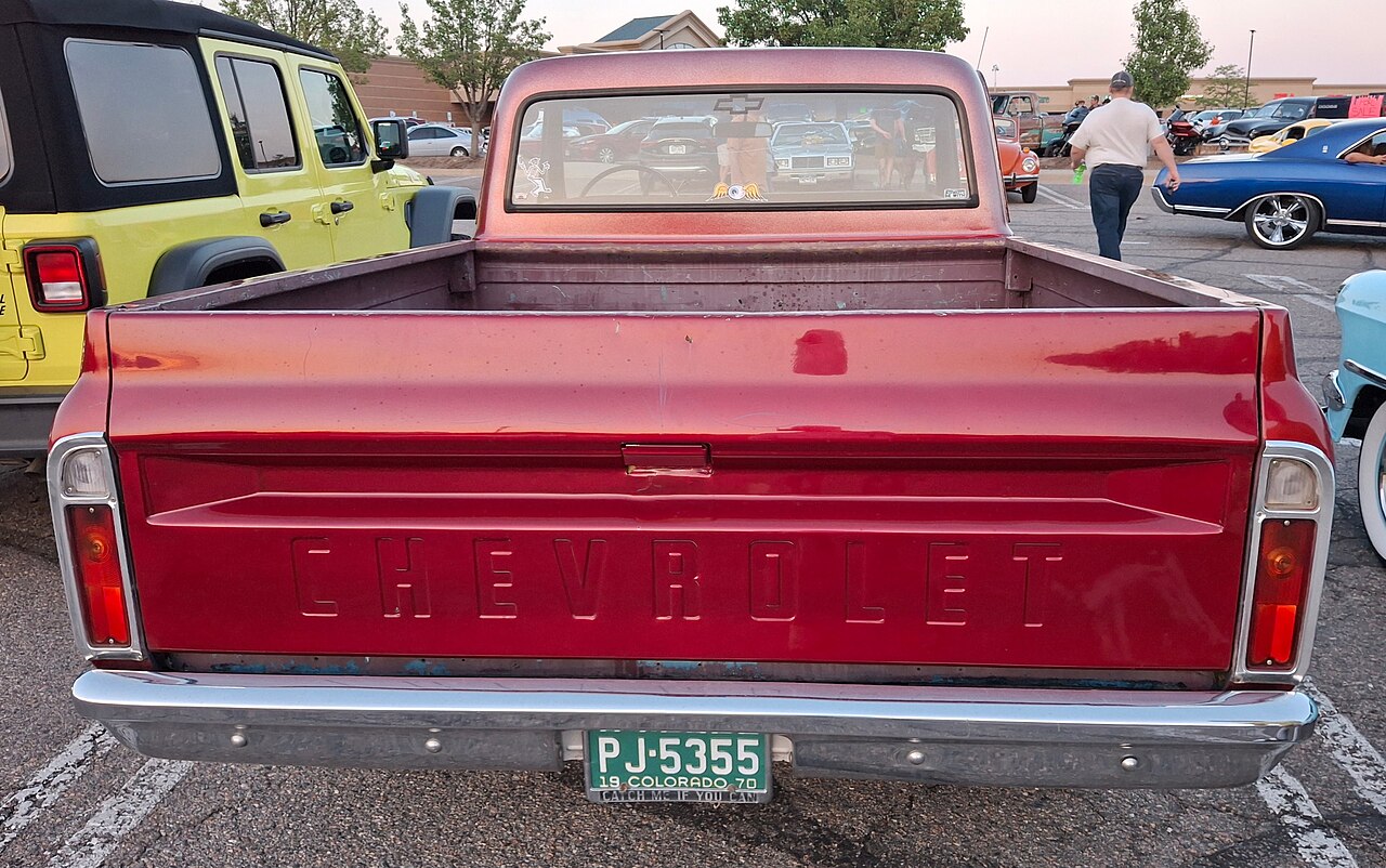 Open cargo bed of a red 1970 Chevrolet pickup