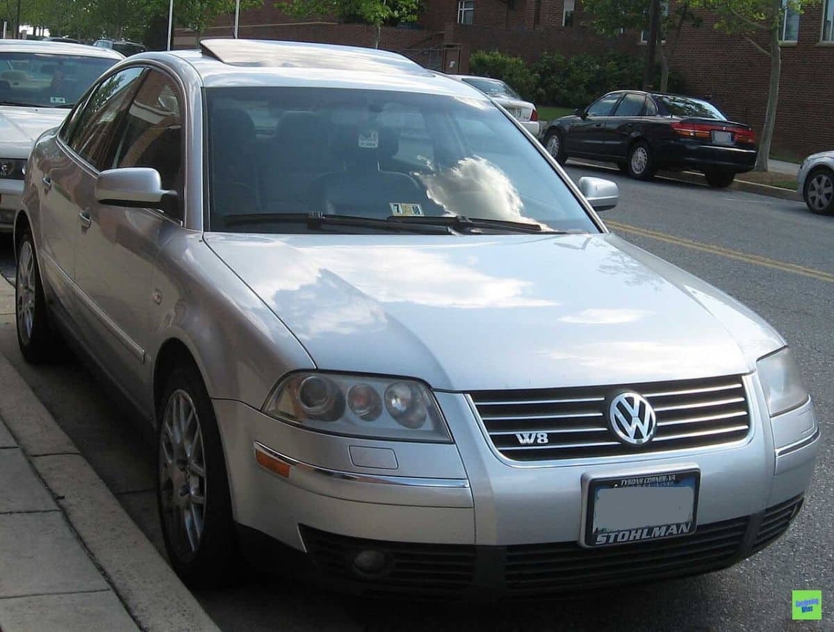 Silver Volkswagen Passat with a W8 grille badge