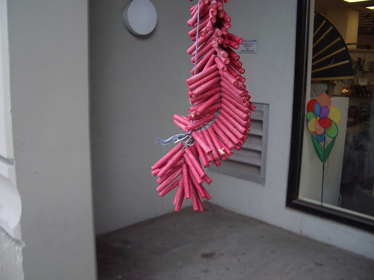 A hanging string of red firecrackers
