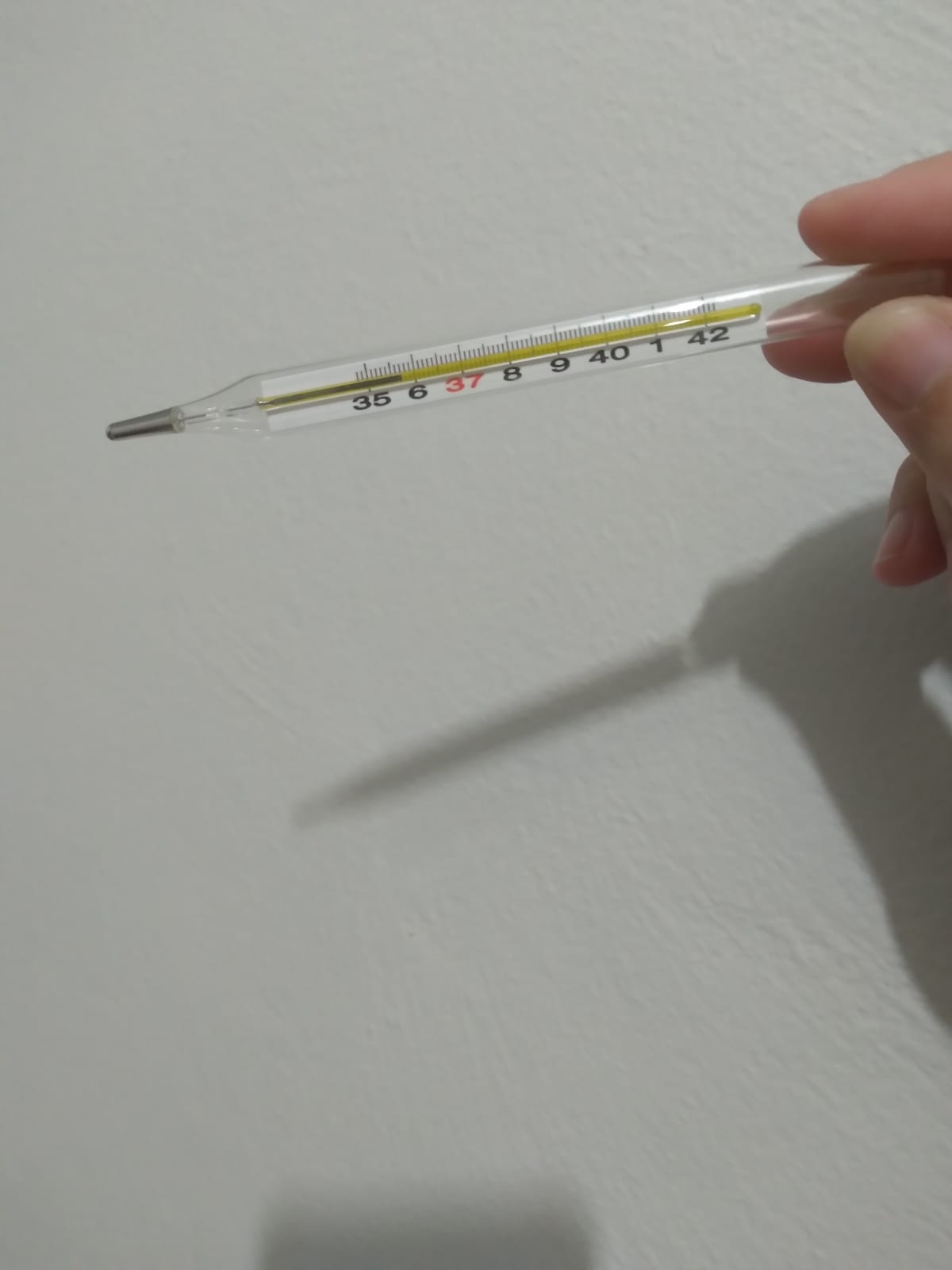 A glass mercury thermometer held in one hand