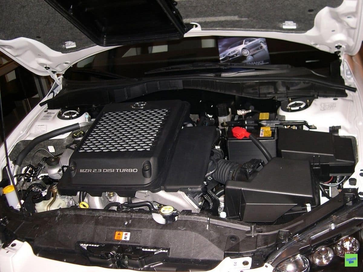 Mazdaspeed6 engine bay with MZR 2.3 DISI Turbo lettering and top-mounted intercooler