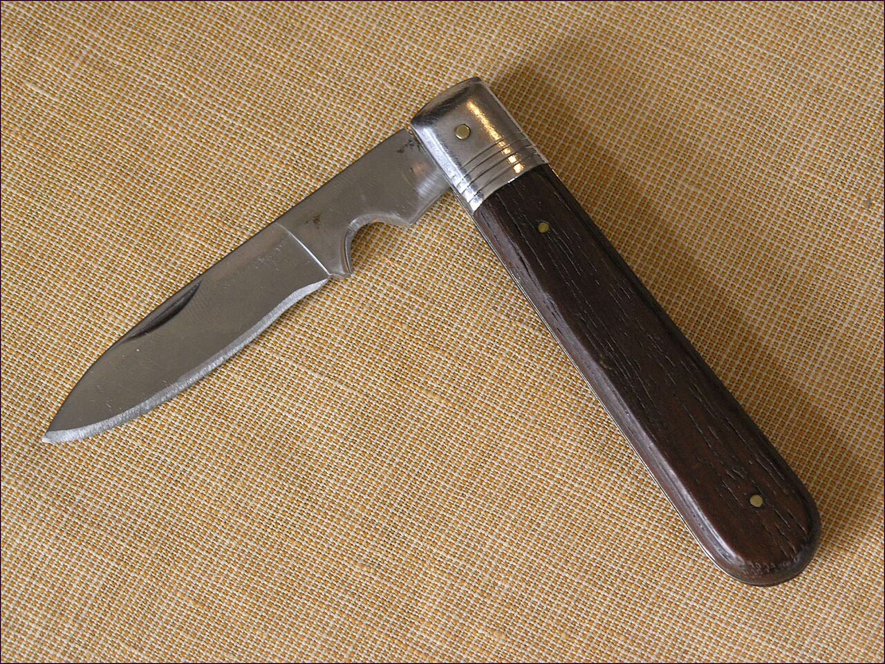 Open folding pocketknife with a dark handle