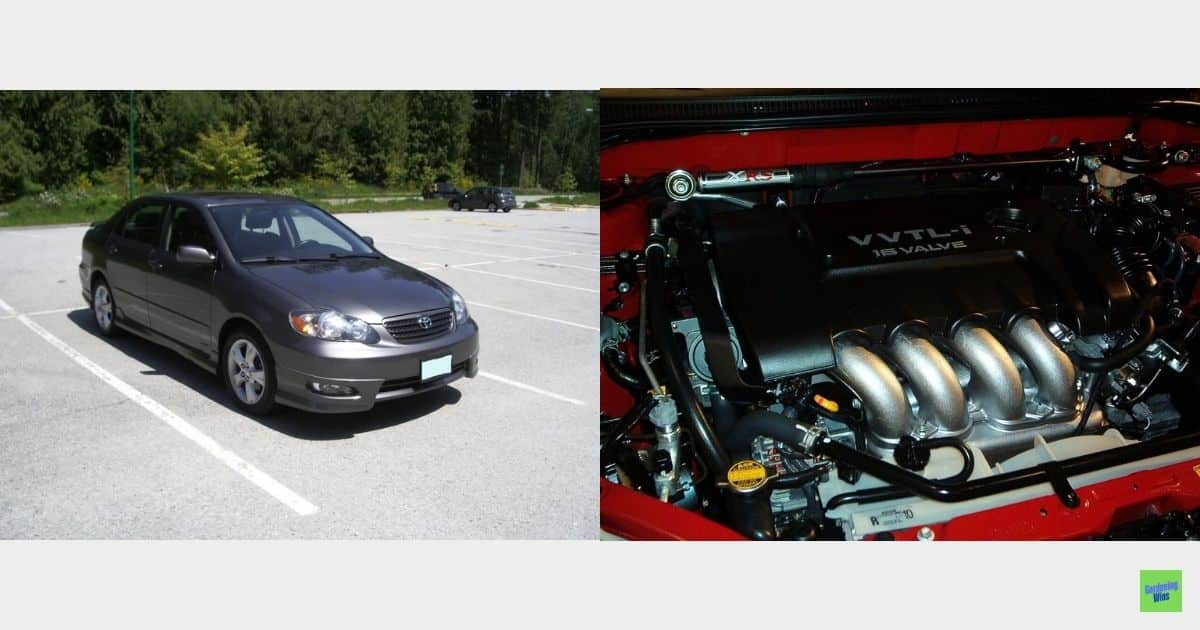 Toyota Corolla XRS paired with a close-up of a Corolla XRS VVTL-i engine