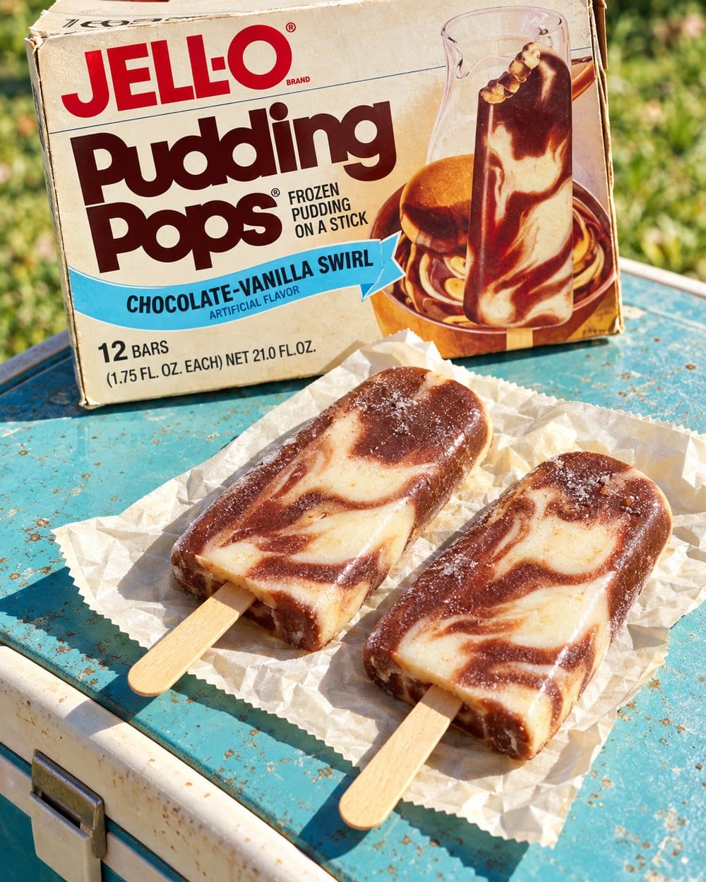 Jell-O Pudding Pops box with chocolate and vanilla swirl pops