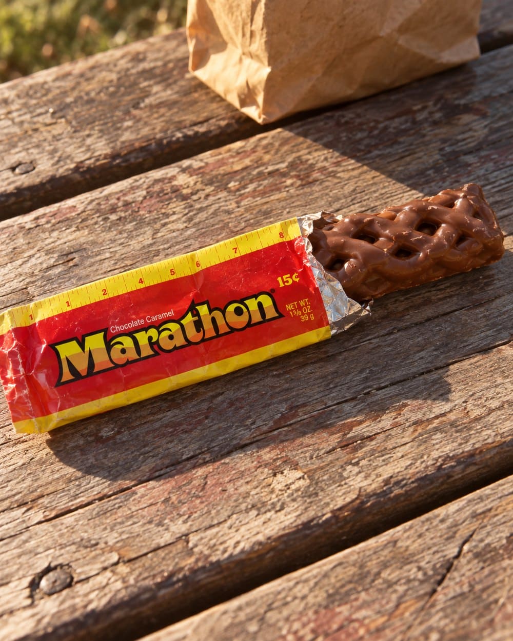 Long braided Mars Marathon chocolate caramel bar and red wrapper