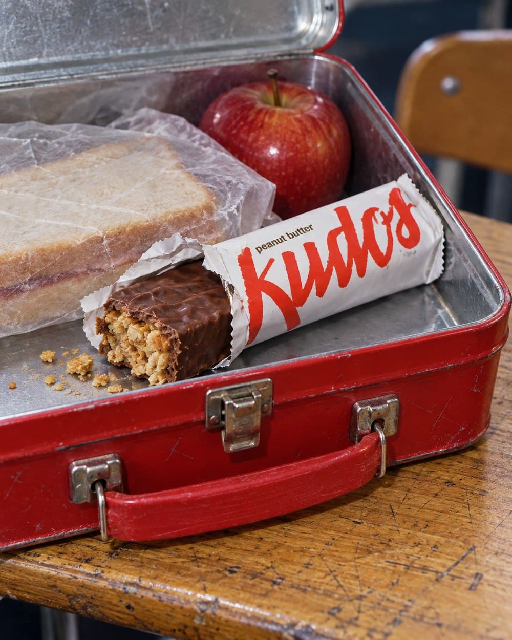 Chocolate-coated Kudos bar and wrapper in a lunchbox