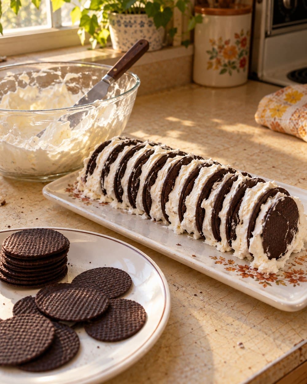 Chocolate wafer icebox cake and thin chocolate cookies