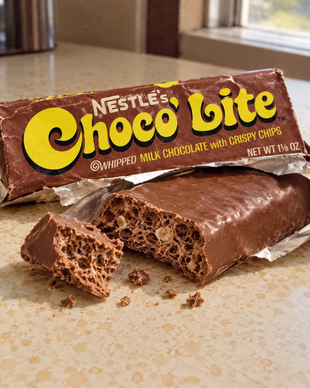 Nestlé Choco’Lite wrapper and broken chocolate bar showing the airy center