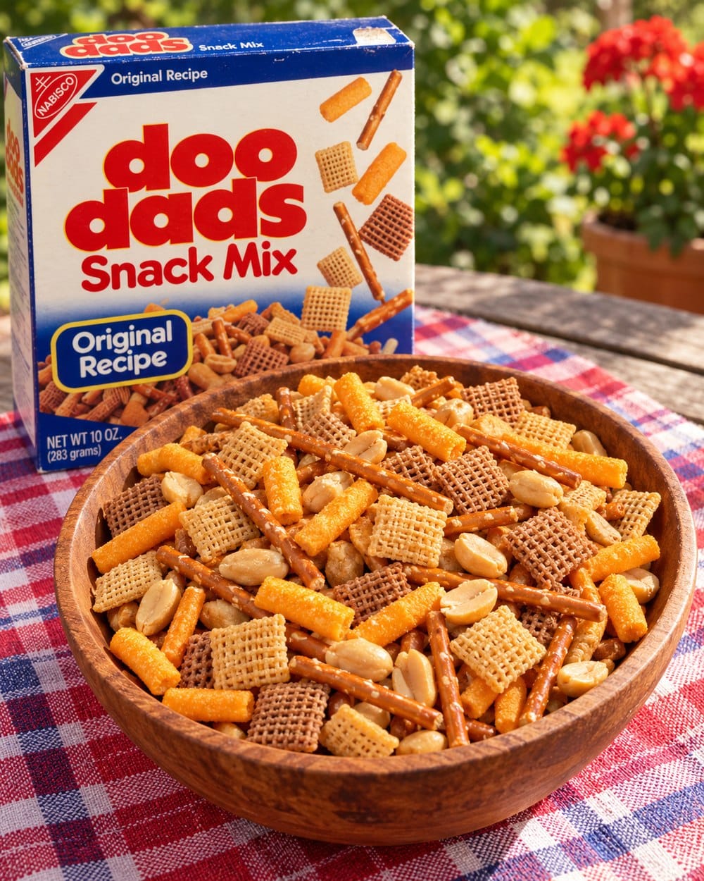 Nabisco Doo Dads box and bowl of mixed pretzels, crackers, and peanuts