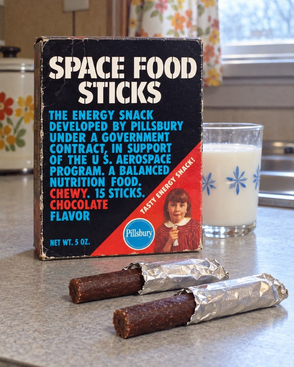Pillsbury Space Food Sticks box and two foil-wrapped chocolate sticks