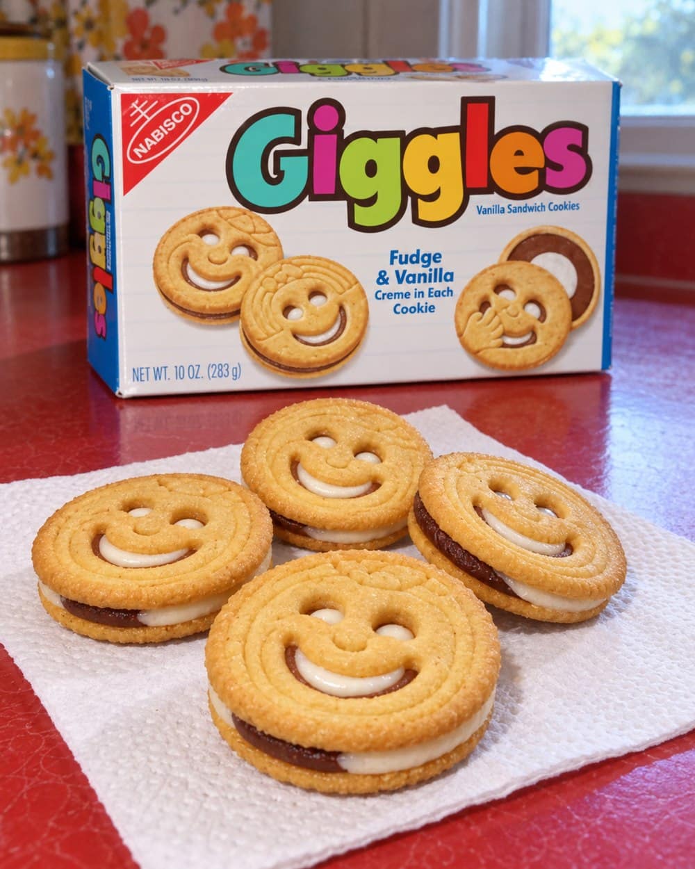 Nabisco Giggles box and smiling sandwich cookies