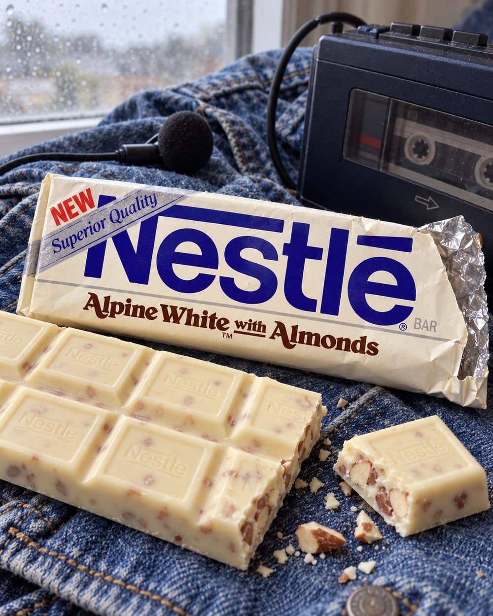 Nestlé Alpine White with Almonds wrapper and pieces beside a cassette player
