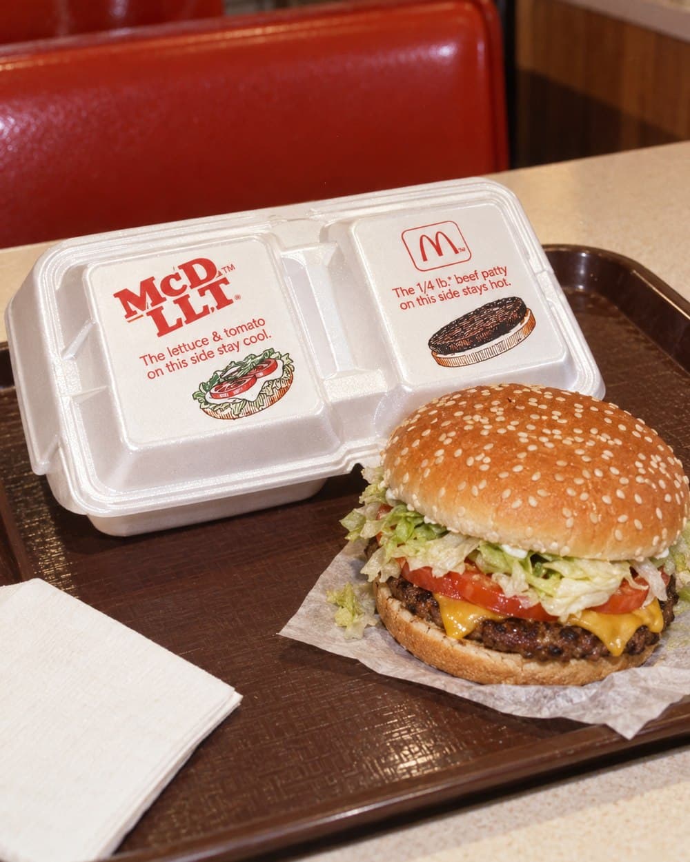 McDonald’s McDLT foam carton and assembled hamburger on a restaurant tray