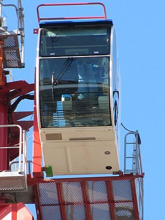Operator cabin of a tower crane at a construction site in Newbury, England