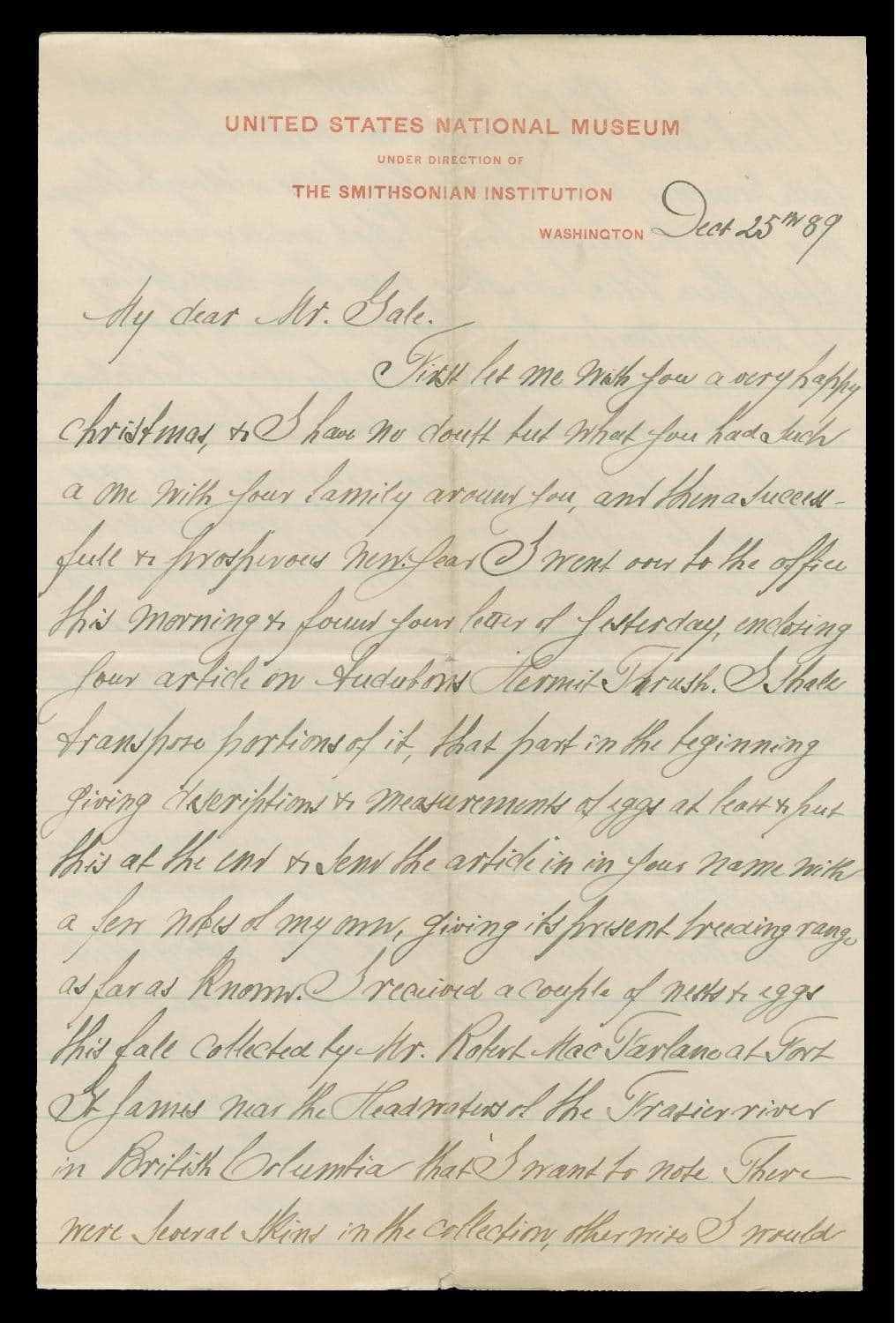 English cursive handwriting in an 1889 letter from Charles Bendire to Denis Gale