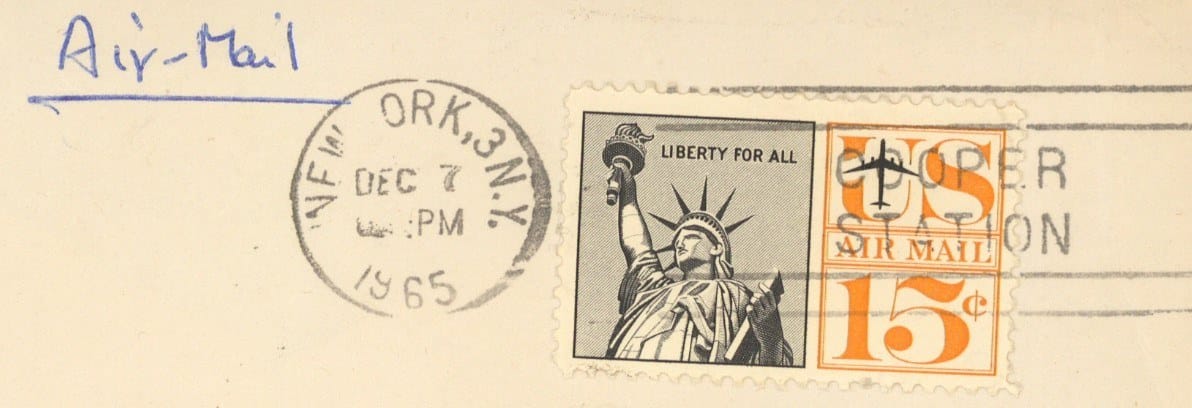 Postmarked United States airmail stamps on a 1965 letter
