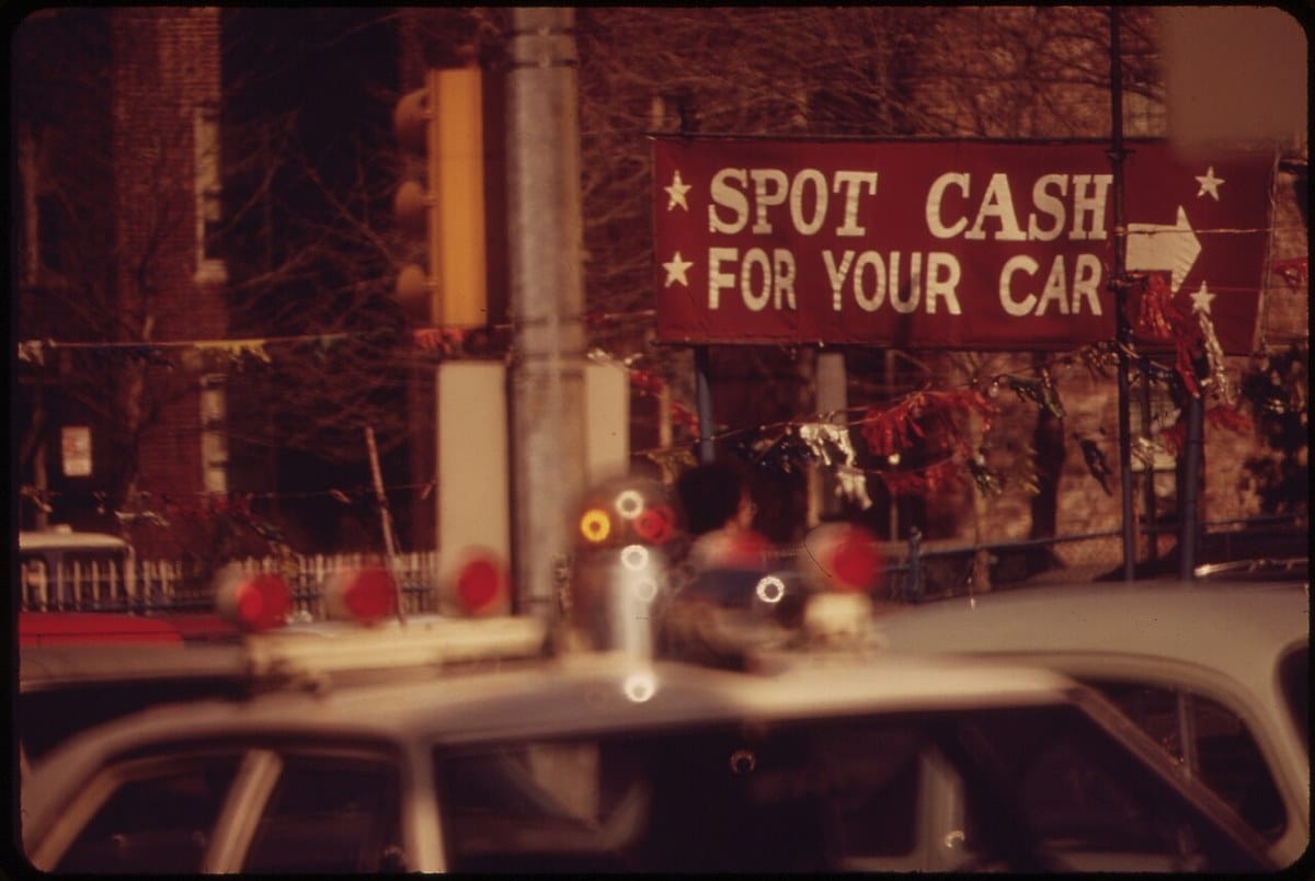 Used cars at a Queens, New York, car lot photographed in 1973