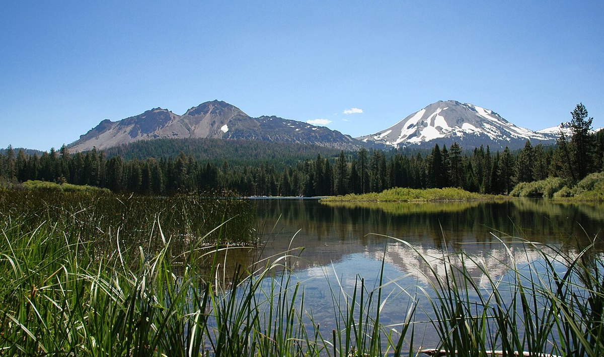 Chaos Crags and Lassen Peak reflected in Manzanita Lake
