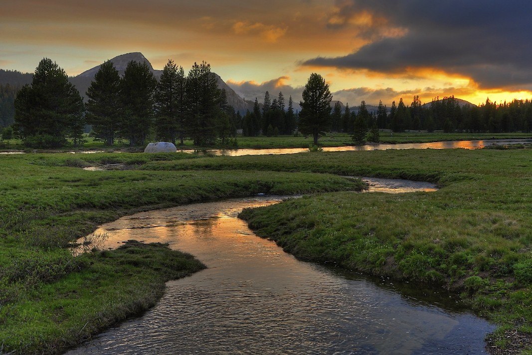 Sunset light over Budd Creek and Tuolumne Meadows with Fairview Dome