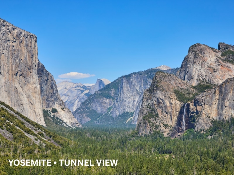 Yosemite Valley granite walls and Bridalveil Fall from Tunnel View