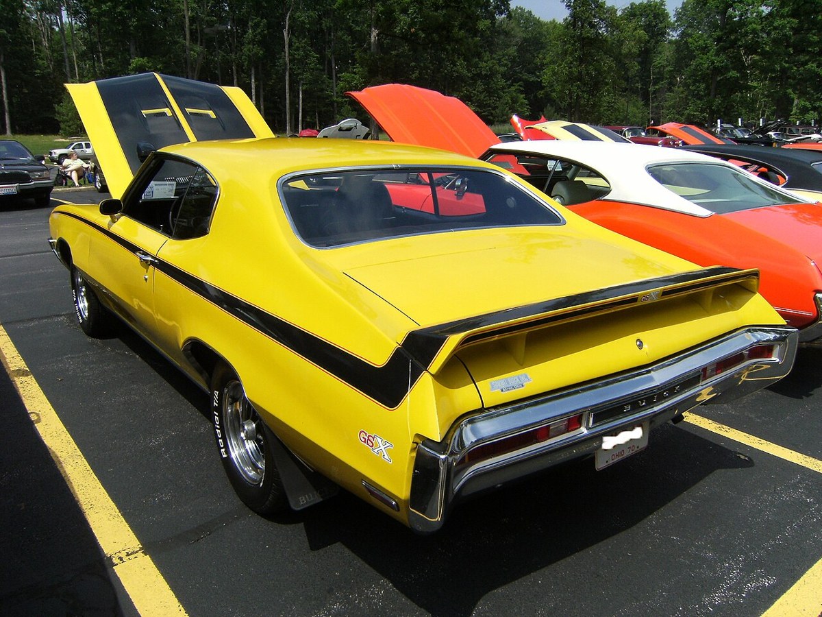 Yellow 1970 Buick GSX viewed from the rear