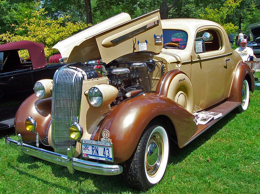 1936 Buick Century coupe with its hood open and a modified intake