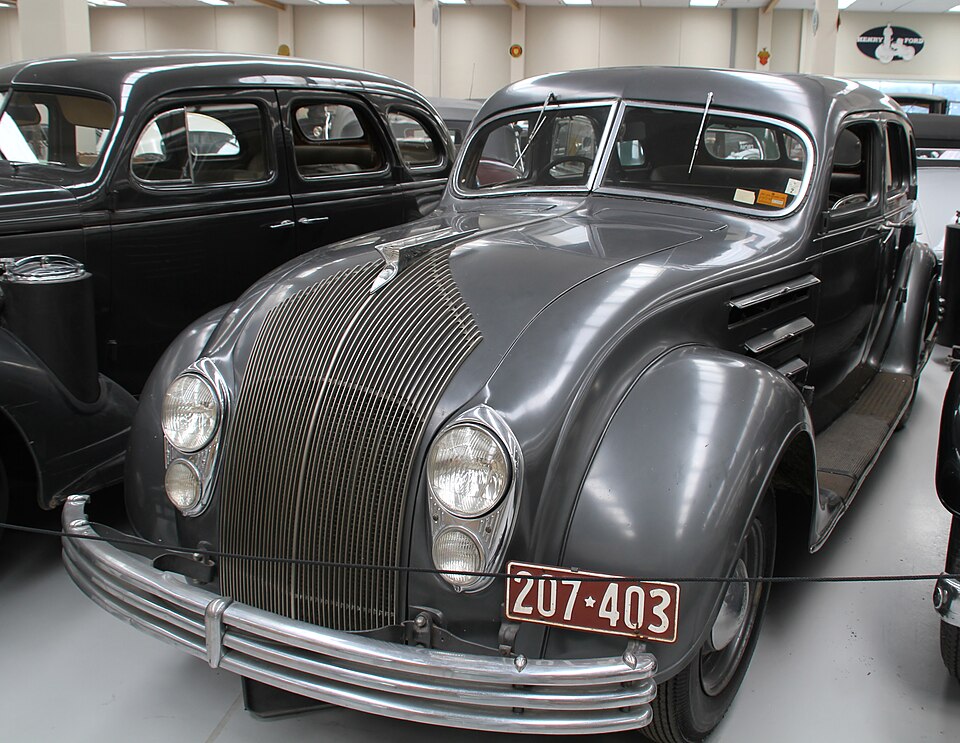 Gray 1934 Chrysler Airflow showing its rounded nose and grille