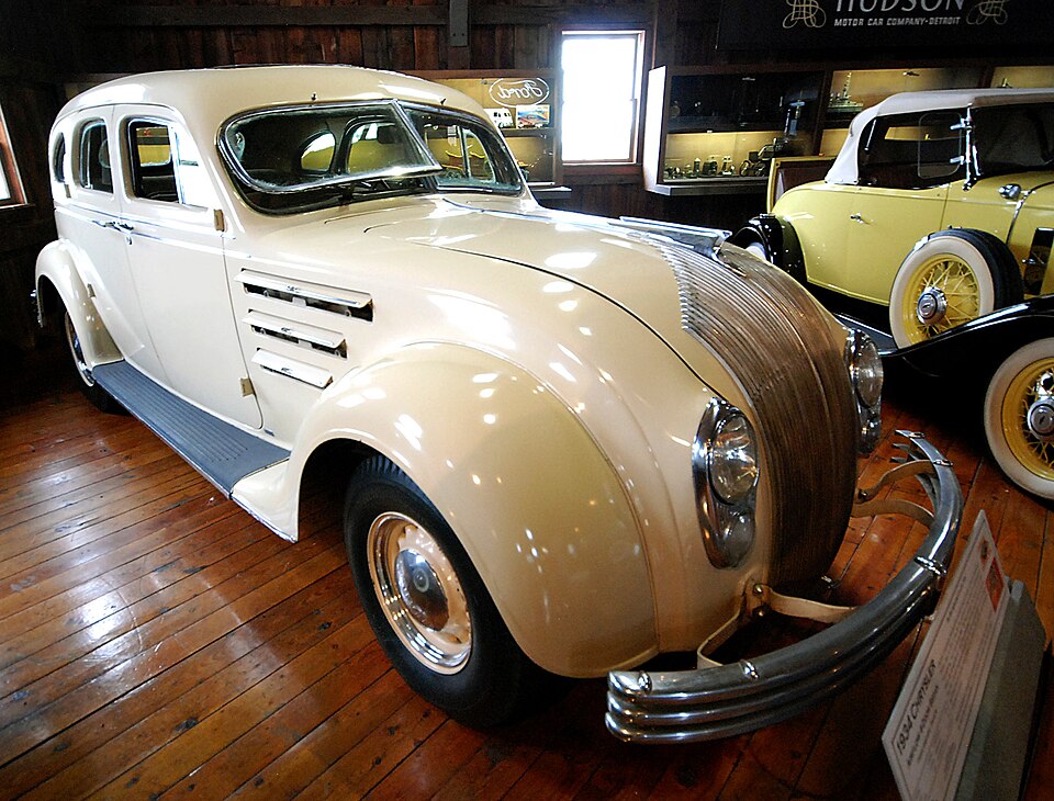 Cream 1934 Chrysler Airflow sedan at the Gilmore Car Museum