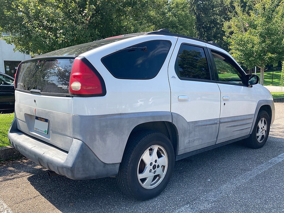 Rear and side of a silver 2001 Pontiac Aztek