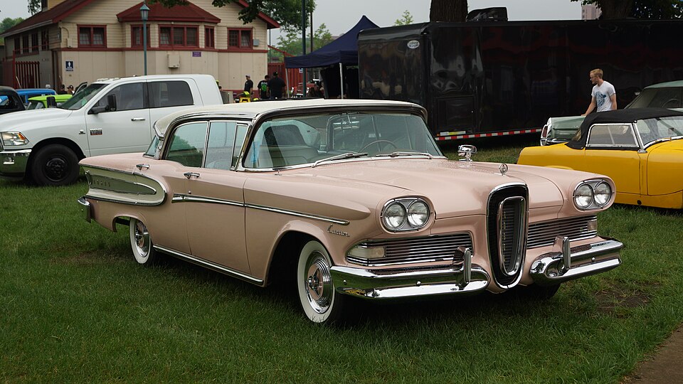 Pink 1958 Edsel Citation hardtop at a classic car show