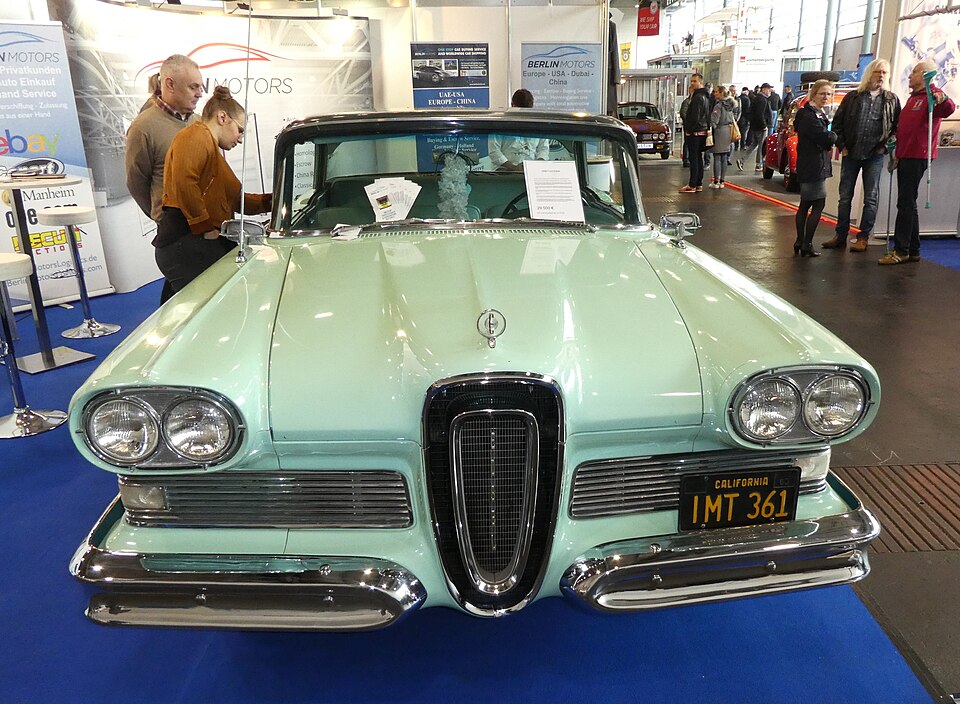 Front view of a green 1958 Edsel Citation with its vertical grille