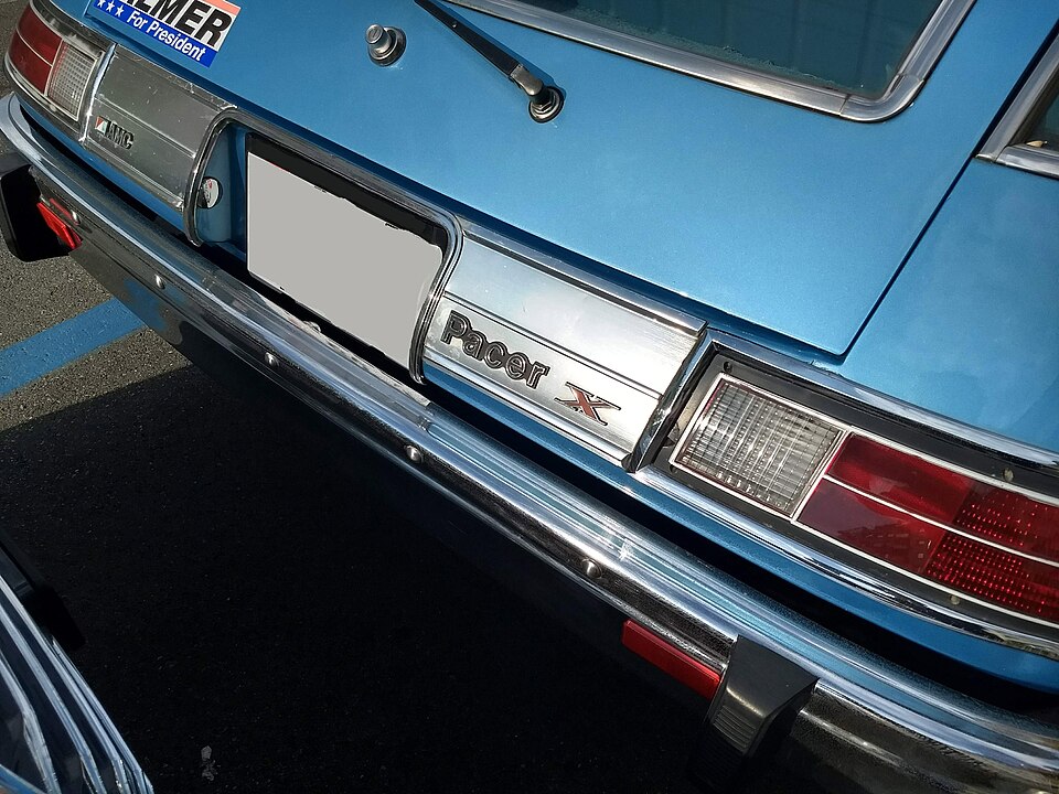 Rear hatch and Pacer X badge on a blue AMC Pacer
