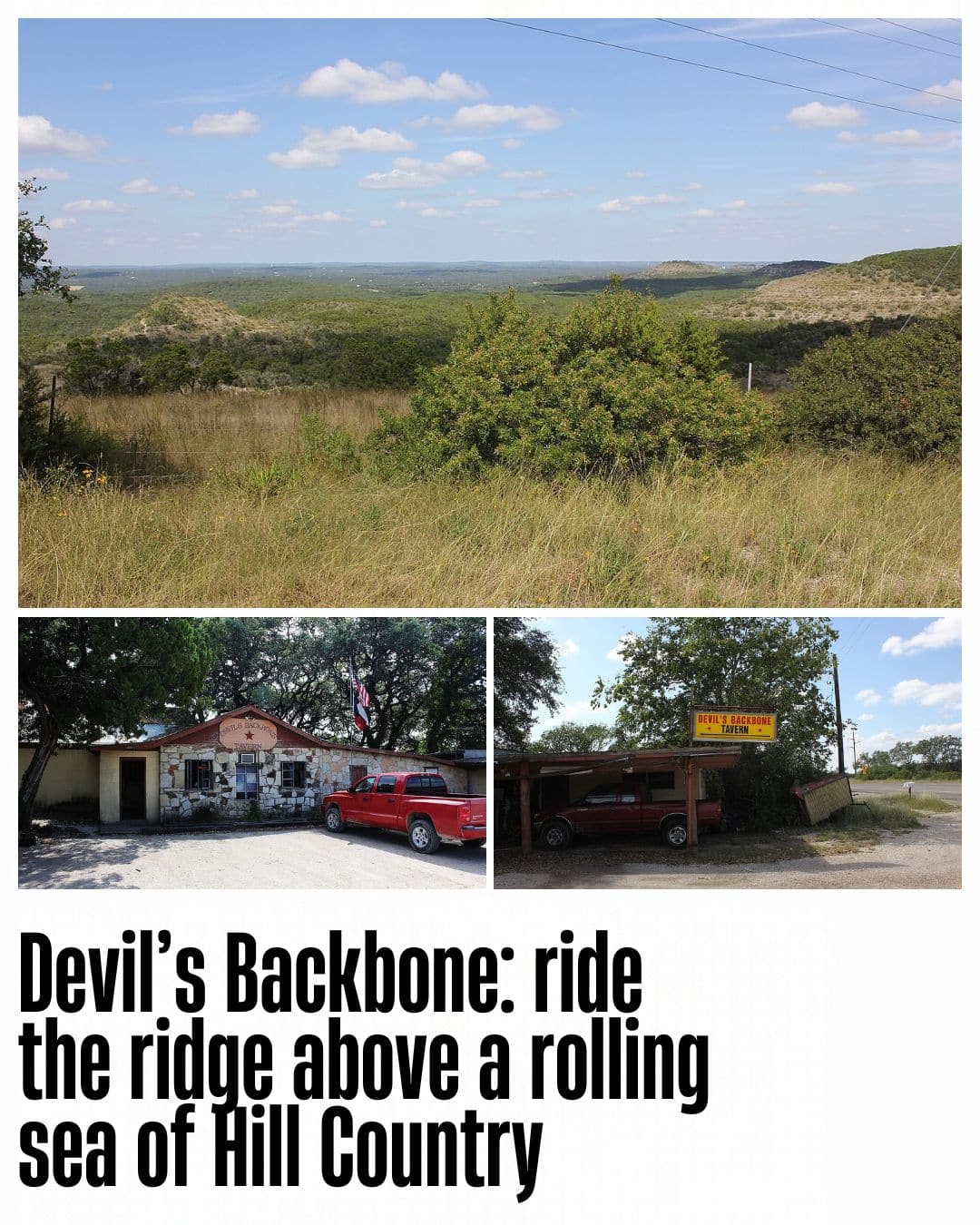 The Devil’s Backbone ridge view and the roadside tavern on RM 32.