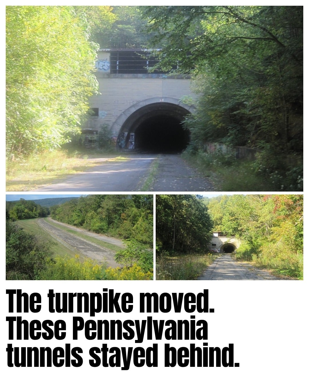Sideling Hill Tunnel’s abandoned portals and the empty Pennsylvania Turnpike pavement nearby, photographed in 2019.